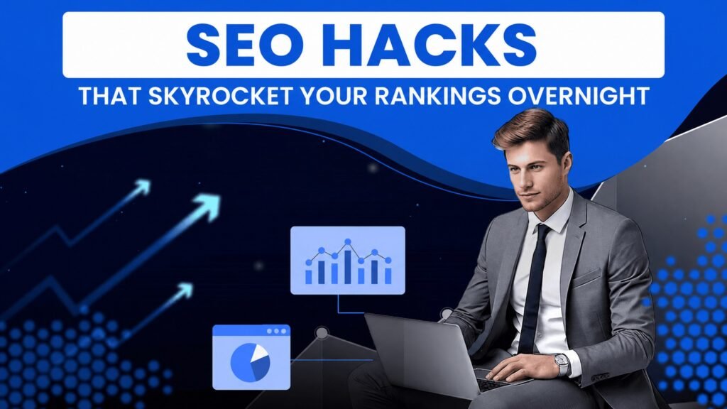 SEO hacks to improve website rankings, featuring a digital marketing professional using a laptop with growth charts and analytics icons.