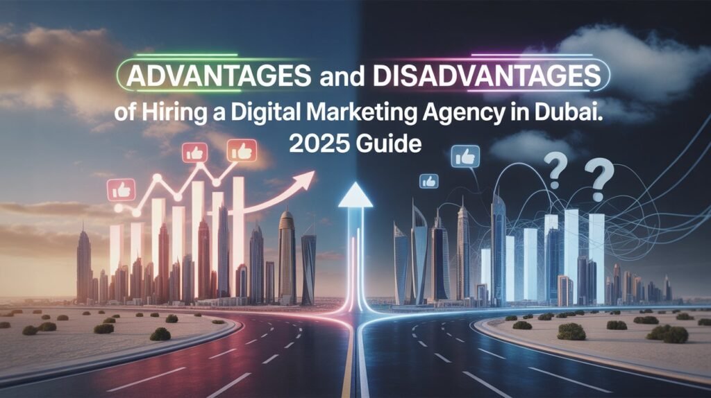 Illustration of Dubai skyline divided into two sides representing advantages and disadvantages of hiring a digital marketing agency. Left side shows growth charts with thumbs-up icons, right side shows uncertain graphs with question marks. Text reads 'Advantages and Disadvantages of Hiring a Digital Marketing Agency in Dubai. 2025 Guide'.