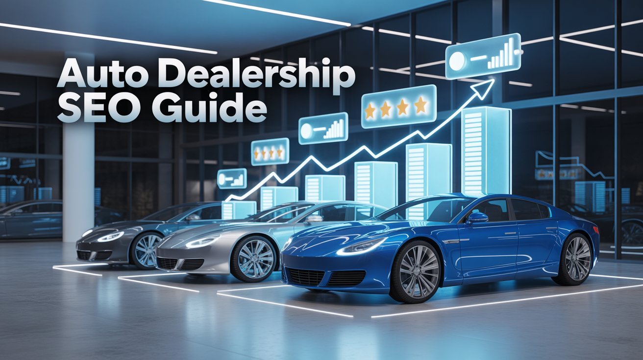 Auto Dealership SEO Guide — three luxury cars in a modern showroom with digital growth chart, star ratings, and keyword icons overlay.