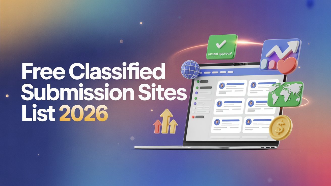 Free Classified Submission Sites List 2026 with laptop showing instant approval features and global reach icons