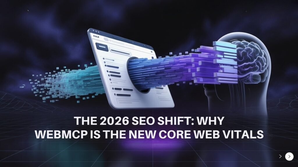 Futuristic 3D illustration showing a web browser with teal data streams flowing through it and transforming into purple digital blocks entering a translucent AI brain/human head silhouette, with the bold text "The 2026 SEO Shift: Why WebMCP Is the New Core Web Vitals" displayed below on a dark background.
