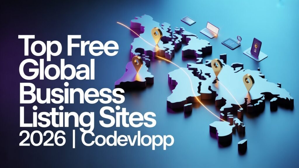 Top free global business listing sites 2026 banner with world map and location pins.