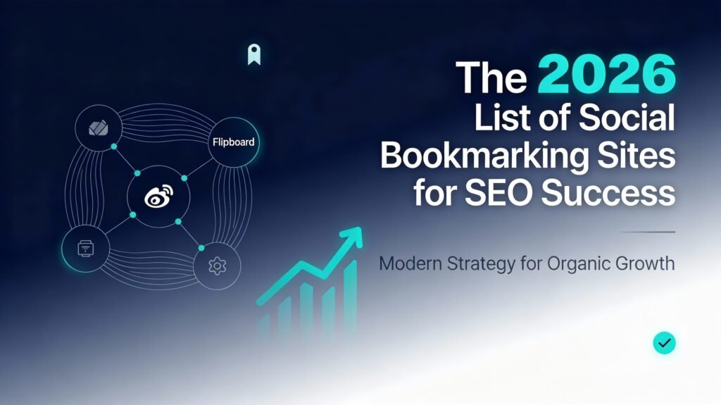 Illustration showing “The 2026 List of Social Bookmarking Sites for SEO Success” with network icons, growth chart, and modern digital marketing visuals, representing a free social bookmarking site list for organic SEO growth.