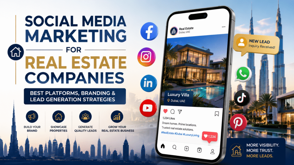 Modern real estate social media marketing banner with luxury property visuals, smartphone mockup, and social media icons for lead generation.