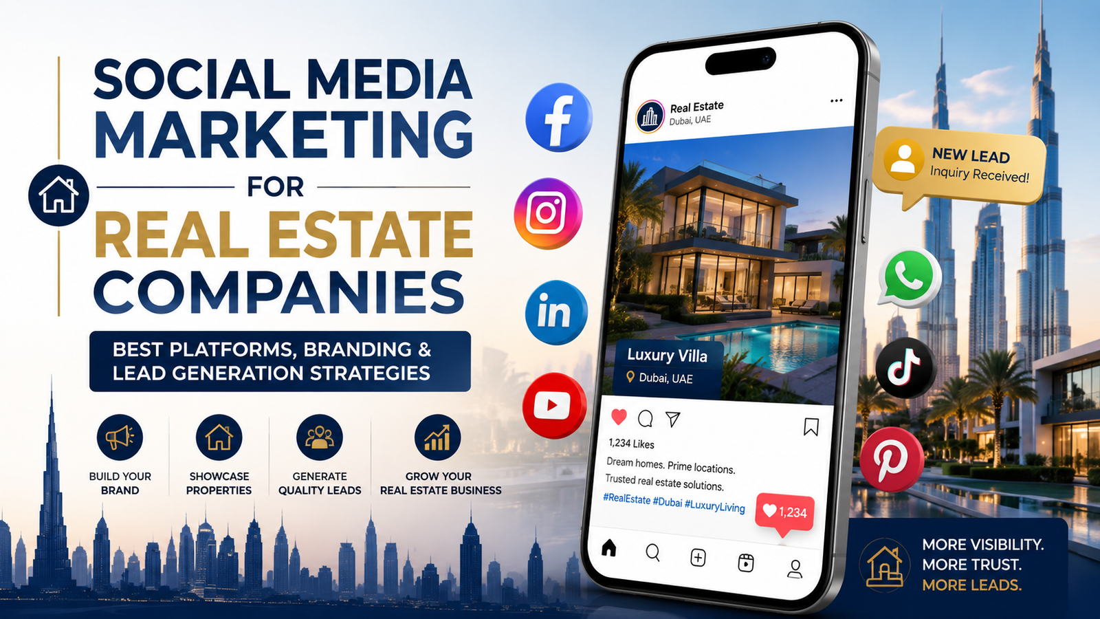 Modern real estate social media marketing banner with luxury property visuals, smartphone mockup, and social media icons for lead generation.