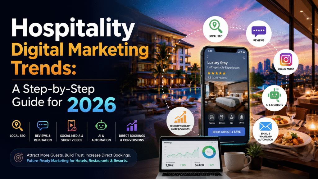 Hospitality digital marketing trends 2026 featured image with hotel, restaurant, smartphone booking app, AI, local SEO, reviews, and social media marketing elements.