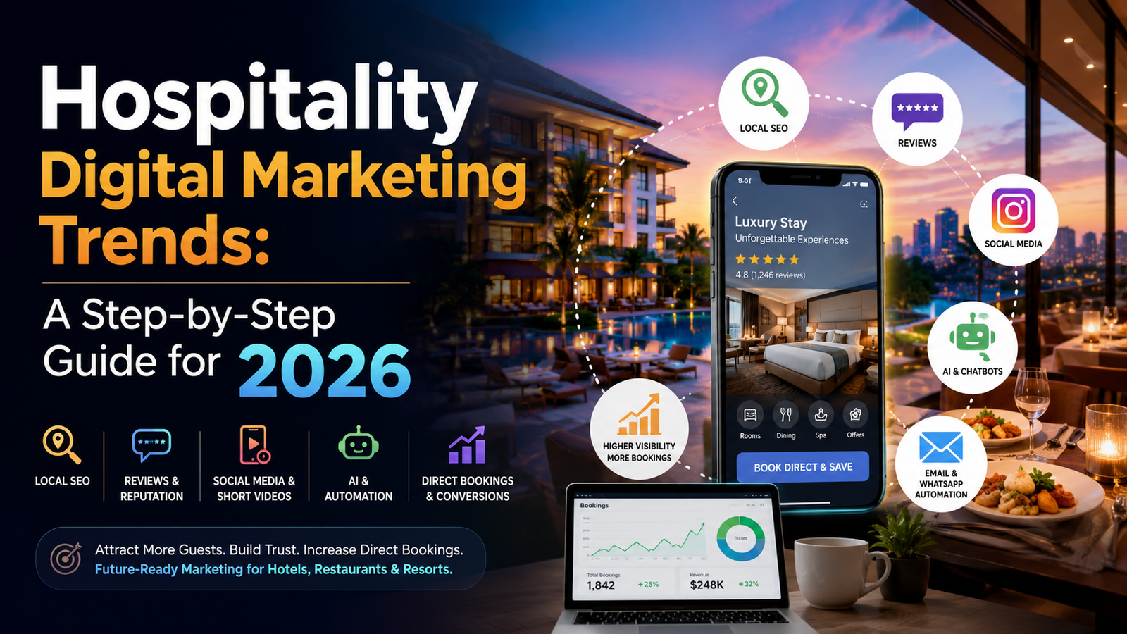 Hospitality digital marketing trends 2026 featured image with hotel, restaurant, smartphone booking app, AI, local SEO, reviews, and social media marketing elements.