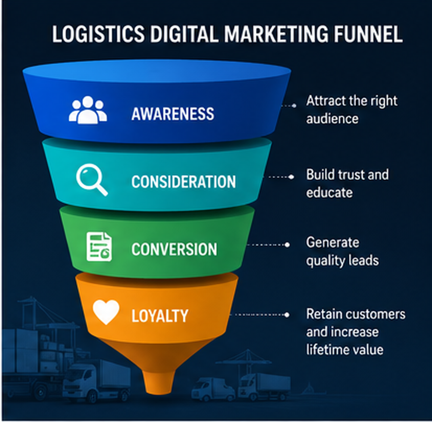 Logistics digital marketing funnel showing awareness, consideration, conversion and loyalty stages to attract audiences, build trust, generate leads and retain customers. 