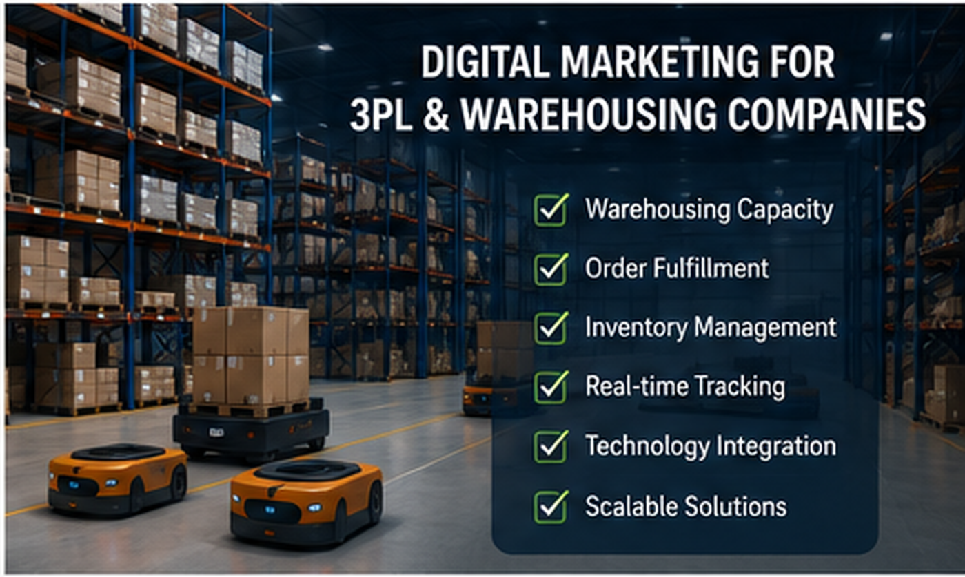 Digital marketing for 3PL and warehousing companies, highlighting warehouse capacity, order fulfilment, inventory management, real-time tracking, technology integration and scalable solutions. 