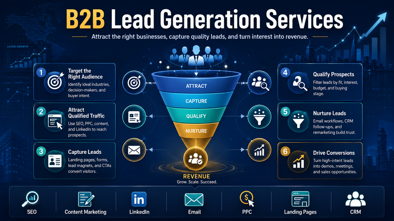 B2B lead generation services infographic showing audience targeting, qualified traffic, lead capture, prospect qualification, nurturing, conversions, and revenue growth.