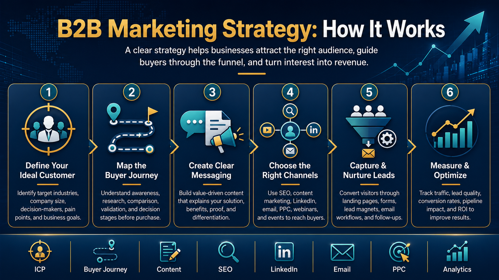 B2B marketing strategy infographic showing six steps: defining ideal customers, mapping the buyer journey, creating messaging, choosing channels, nurturing leads, and optimizing results.