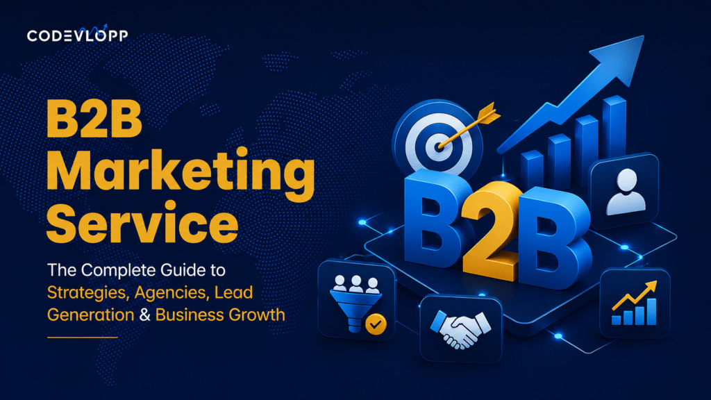 Codevlopp B2B marketing service guide featuring strategies, agencies, lead generation and business growth graphics