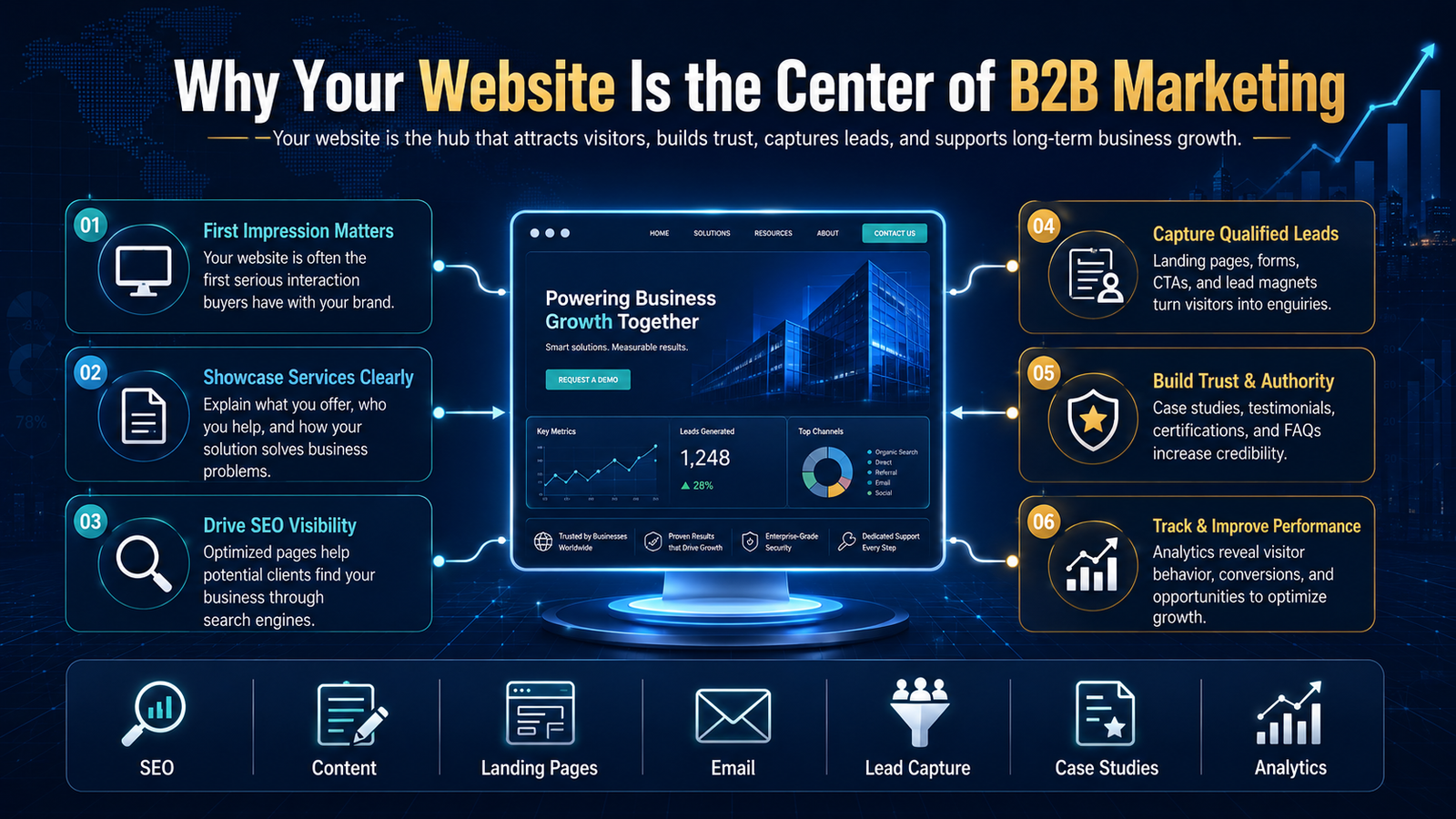 Infographic explaining why a website is the center of B2B marketing, highlighting SEO visibility, service presentation, lead capture, trust building, analytics, and business growth.
