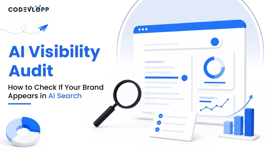 AI Visibility Audit graphic showing a search analytics dashboard, magnifying glass, charts, and the text “How to Check If Your Brand Appears in AI Search.