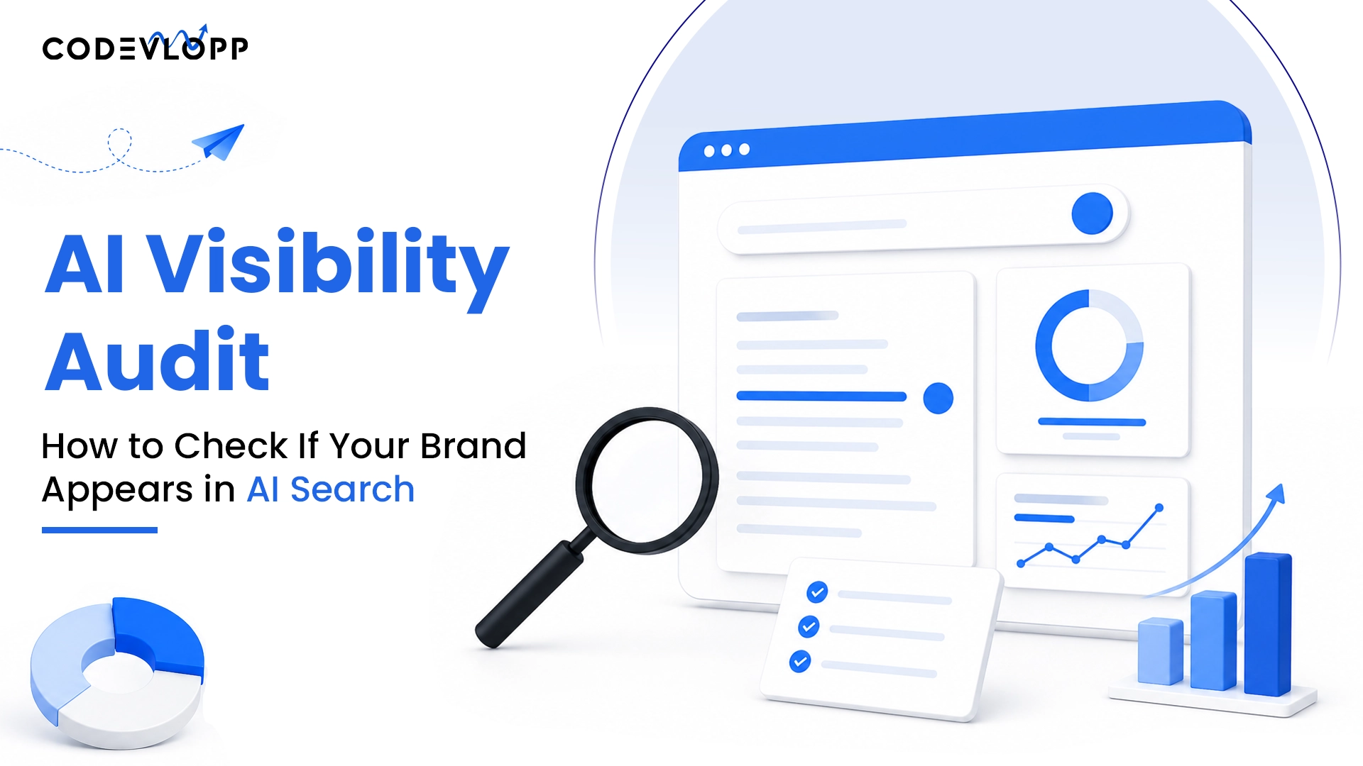 AI Visibility Audit graphic showing a search analytics dashboard, magnifying glass, charts, and the text “How to Check If Your Brand Appears in AI Search.