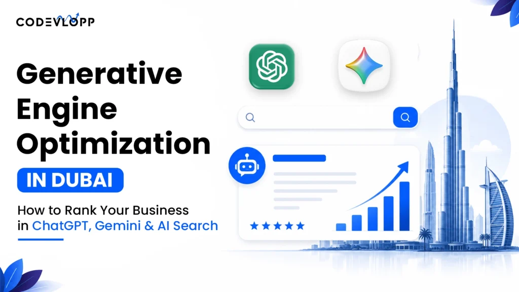 Generative Engine Optimization in Dubai guide showing how businesses can rank in ChatGPT, Gemini, and AI search with Codevlopp.
