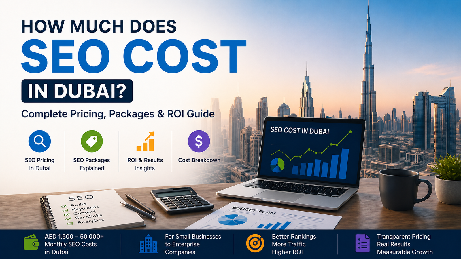 SEO cost in Dubai guide with Dubai skyline, pricing, packages and ROI illustration