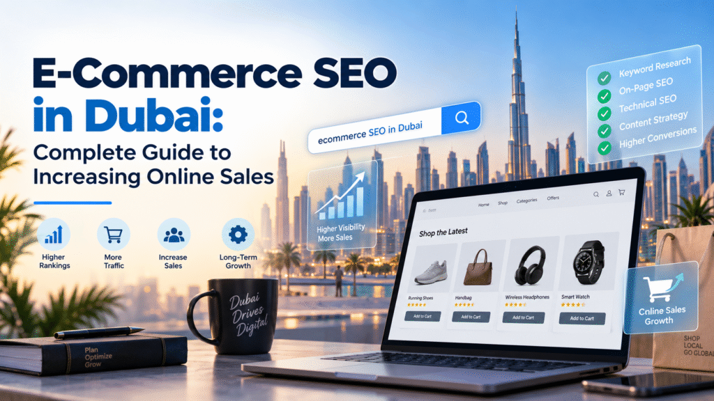 Ecommerce SEO in Dubai guide showing online store, SEO growth, keyword research and Dubai skyline