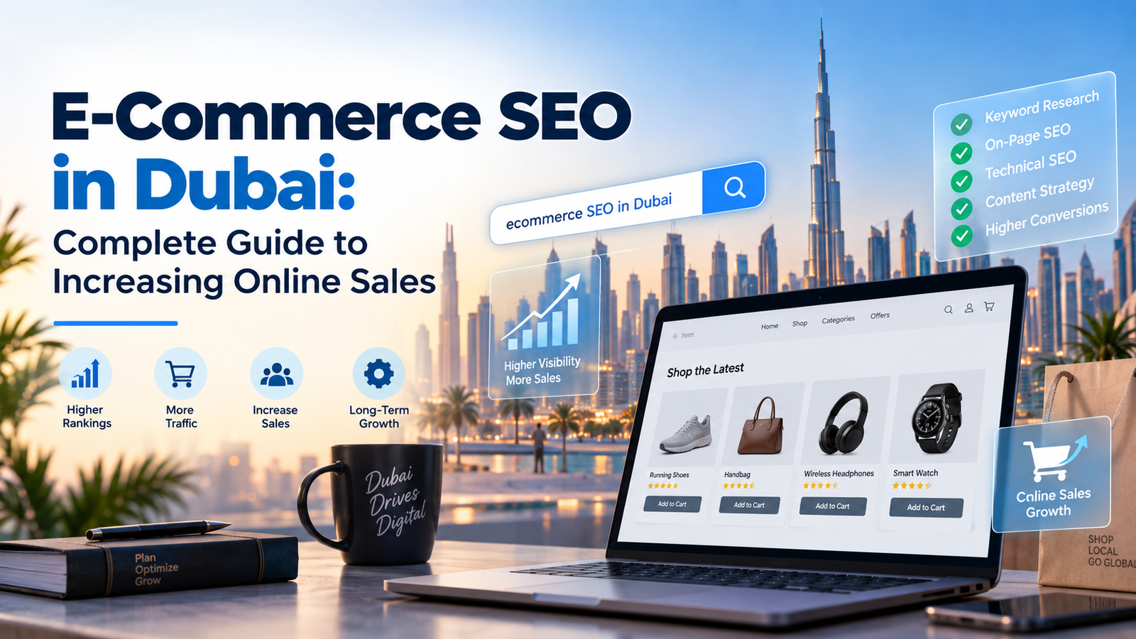 Ecommerce SEO in Dubai guide showing online store, SEO growth, keyword research and Dubai skyline