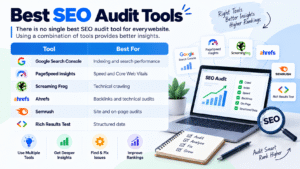 Best SEO audit tools infographic featuring Google Search Console, PageSpeed Insights, Screaming Frog, Ahrefs, Semrush, and Rich Results Test for website analysis, technical SEO, speed, backlinks, and rankings.