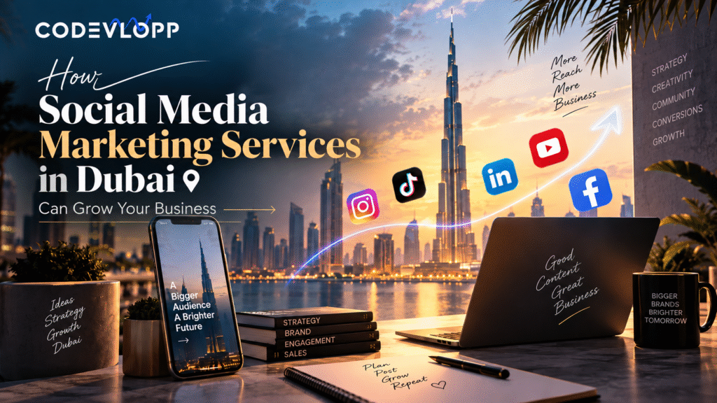 Social media marketing services in Dubai featuring Burj Khalifa, social media platforms, digital growth graphics, and CODEVLOPP branding.