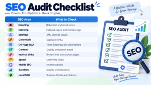 SEO audit checklist covering crawling, indexing, sitemaps, canonicals, on-page SEO, content, internal links, Core Web Vitals, mobile SEO, backlinks, and local SEO for better website rankings.