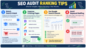 SEO audit ranking tips infographic covering search intent, improving existing pages, using Google Search Console data, and avoiding keyword stuffing to achieve higher rankings.