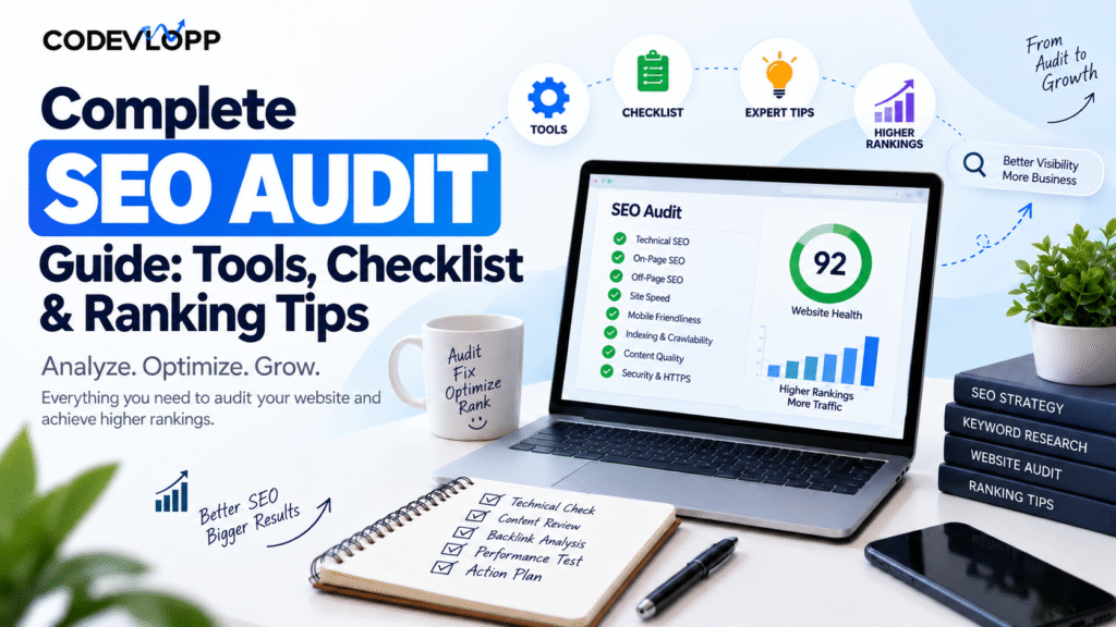 Complete SEO Audit guide infographic showing SEO tools, checklist, website health score, ranking tips, and a laptop with SEO audit analysis for improving website rankings.