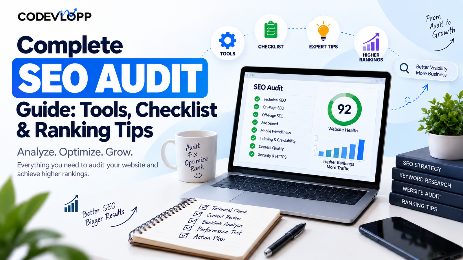 Complete SEO Audit guide infographic showing SEO tools, checklist, website health score, ranking tips, and a laptop with SEO audit analysis for improving website rankings.