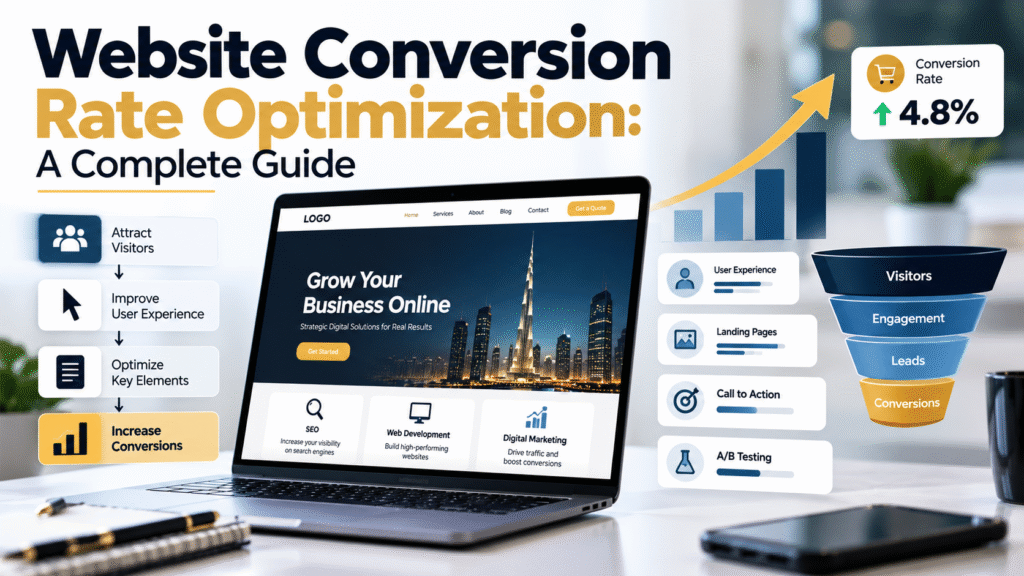 Website conversion rate optimization guide showing conversion metrics, landing page improvements, A/B testing, user experience, and strategies to increase website conversions.