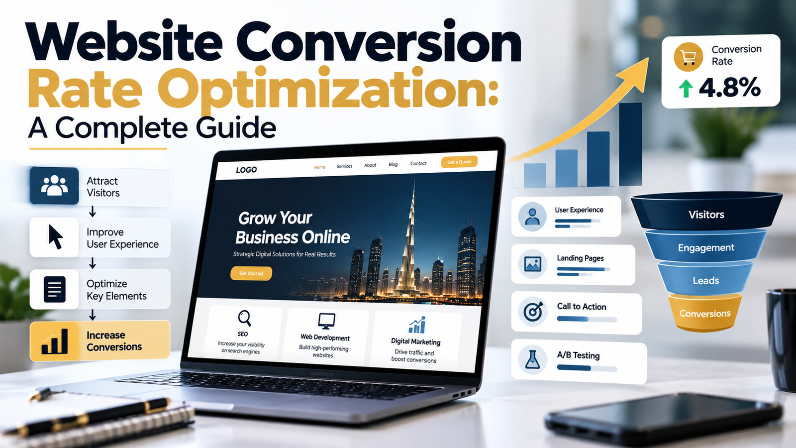 Website conversion rate optimization guide showing conversion metrics, landing page improvements, A/B testing, user experience, and strategies to increase website conversions.