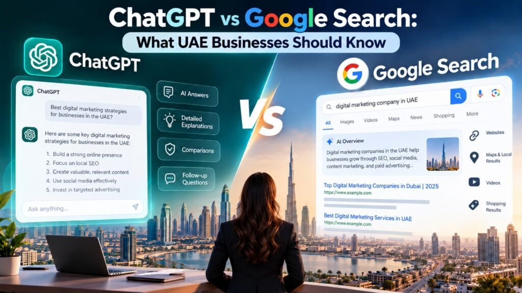 ChatGPT vs Google Search comparison for UAE businesses, featuring a female professional, AI-powered search interfaces, and the Dubai skyline.