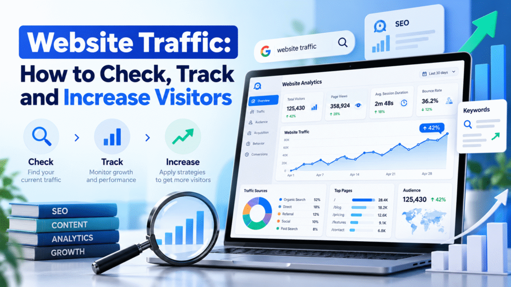 Website traffic analytics dashboard showing how to check, track, and increase website visitors using SEO strategies, traffic sources, and performance metrics.