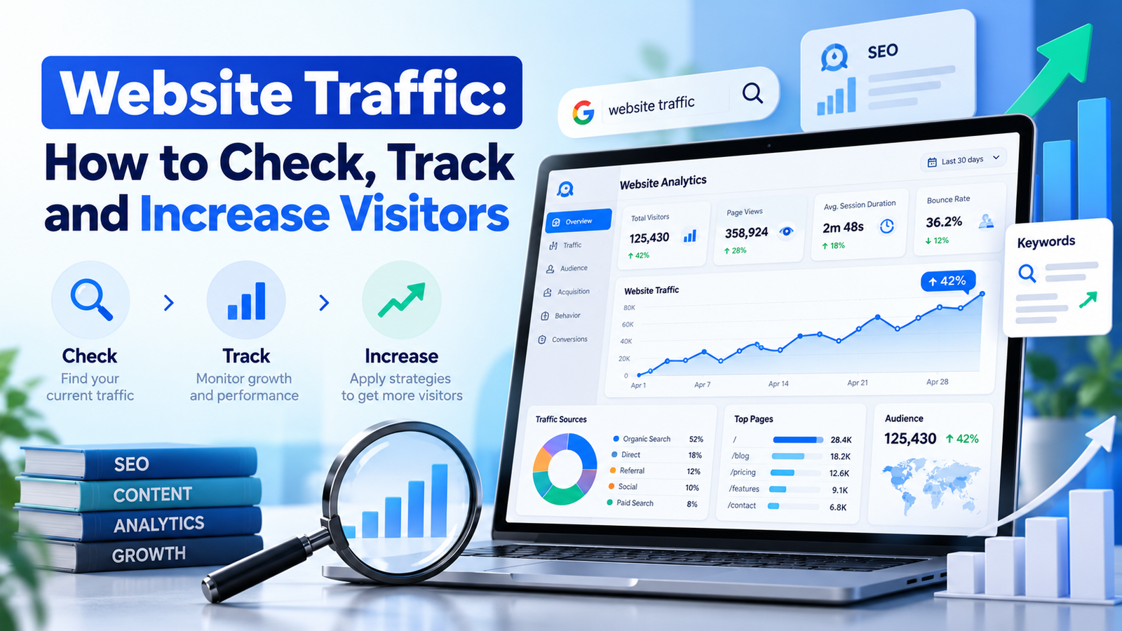 Website traffic analytics dashboard showing how to check, track, and increase website visitors using SEO strategies, traffic sources, and performance metrics.