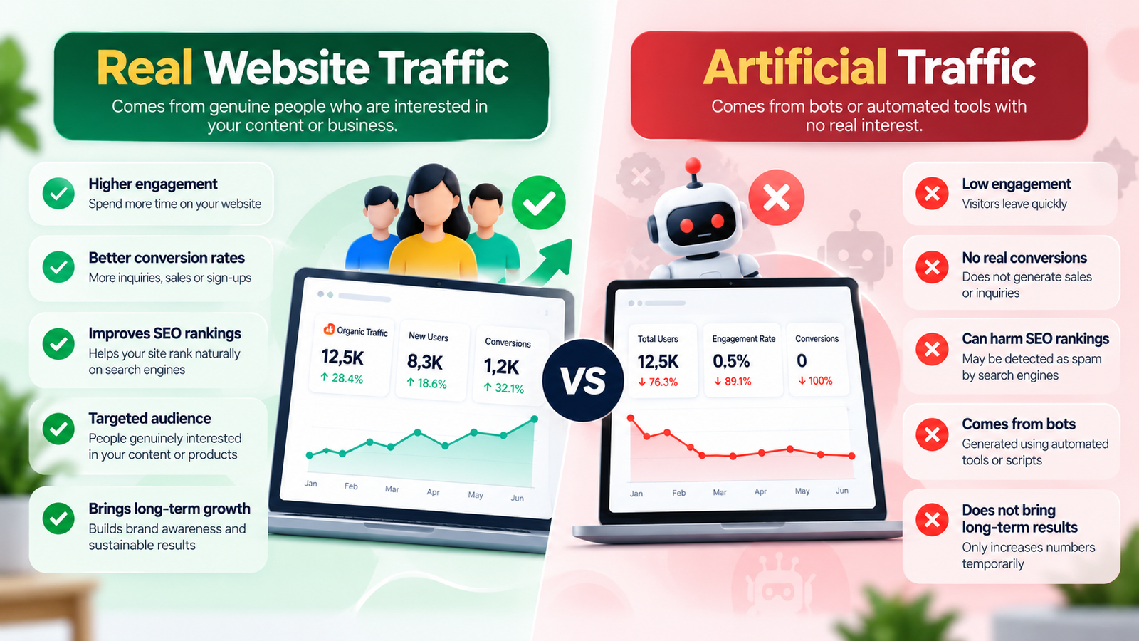 Real website traffic vs artificial traffic infographic comparing genuine visitors and bot traffic, engagement, conversions, and SEO impact.