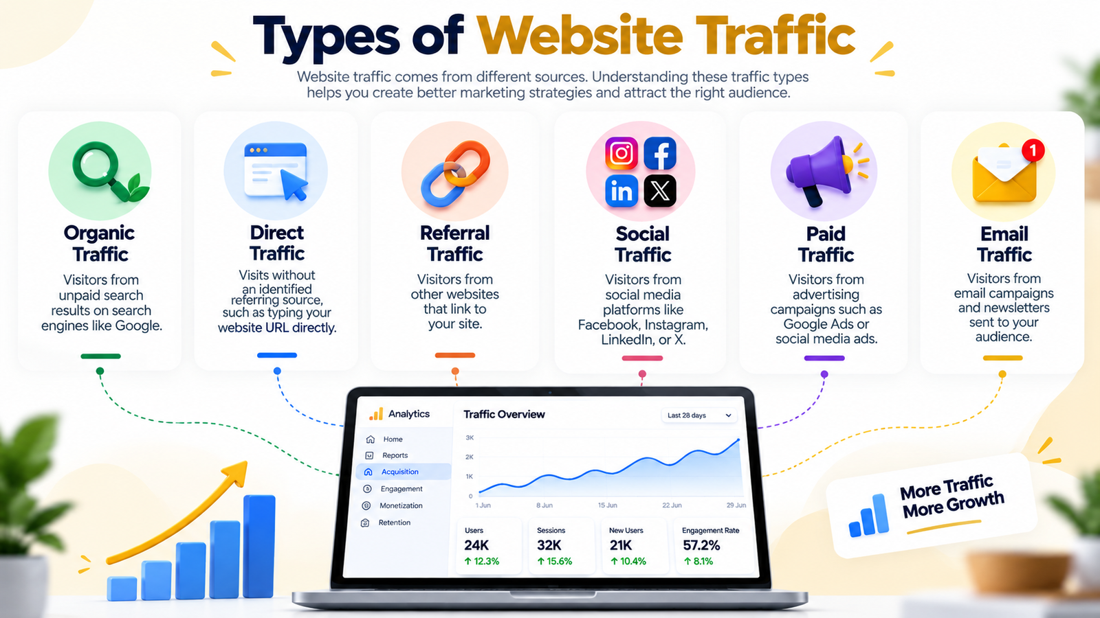 Types of website traffic infographic showing organic, direct, referral, social, paid, and email traffic sources.