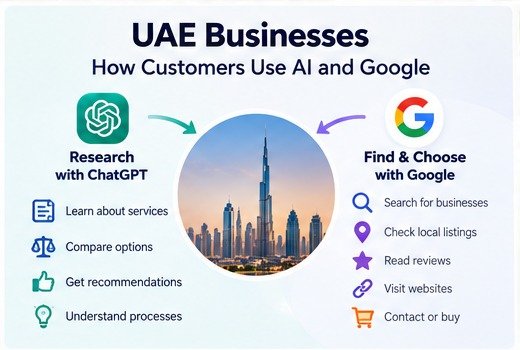 UAE businesses infographic showing how customers use ChatGPT for research and Google to find and choose local businesses.